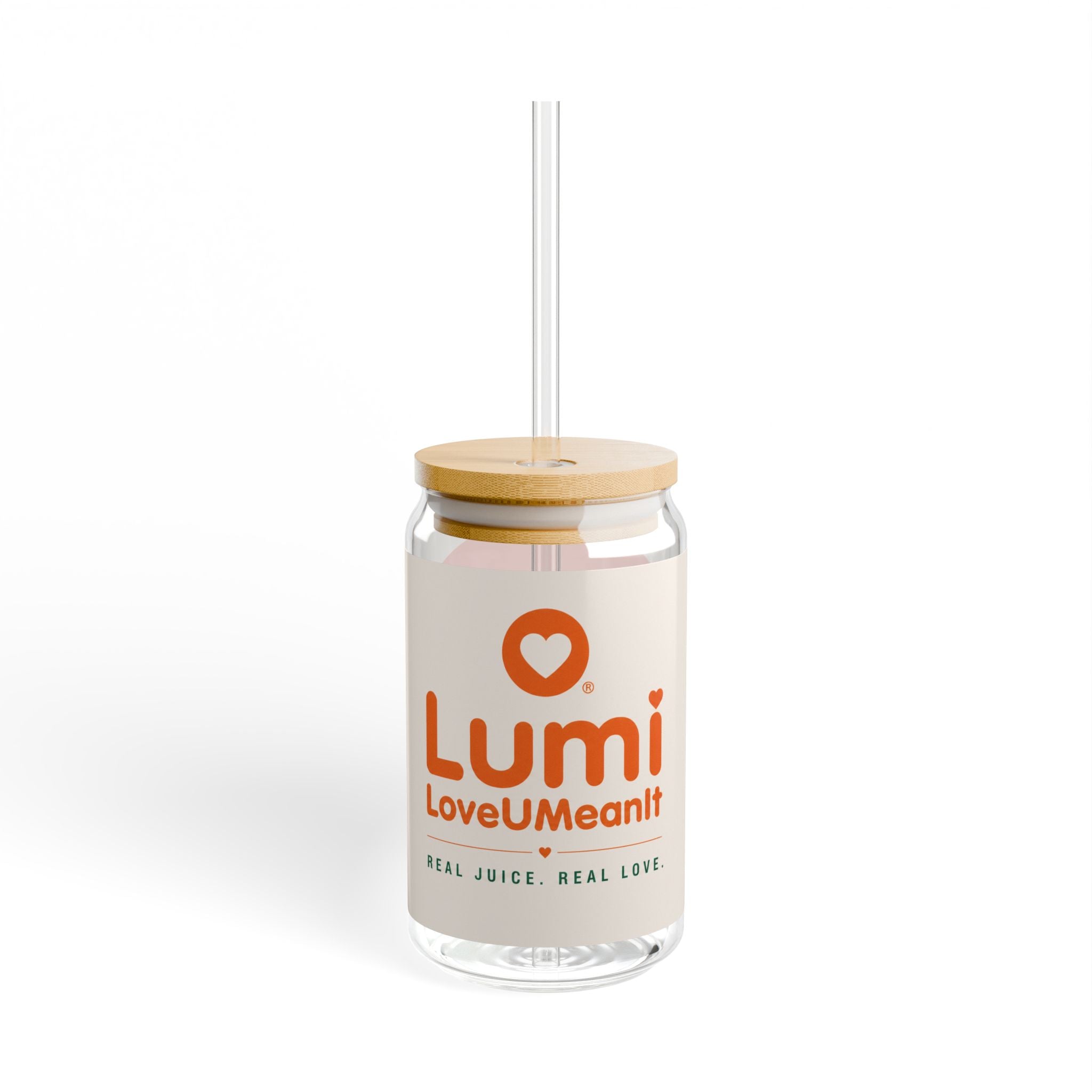 Sipper Glass - LoveUMean It Juice Canister with Heart Logo, 16oz Reusable Straw Cup